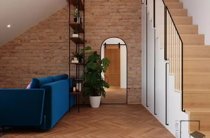 the staircase to the mezzanine is also a closet with clothes