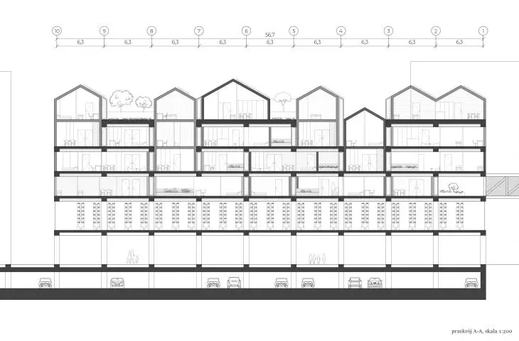 Urban village, cross-section of buildings A-A