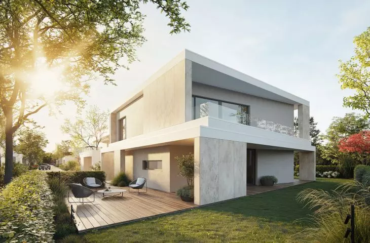Staggered overhangs in two-family homes create different outdoor rest areas