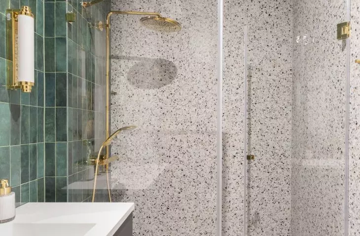 Shower stall and terrazzo tiles