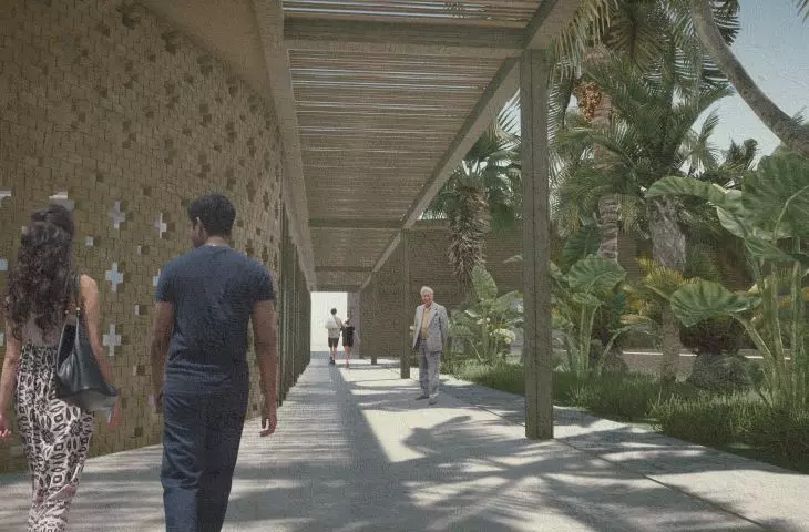The arcade on the side of the cafe