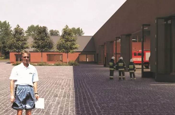 Firefighter's square. A firefighters' trip to Maszewo to an attic fire. Part of the team does gymnastics in the square.
