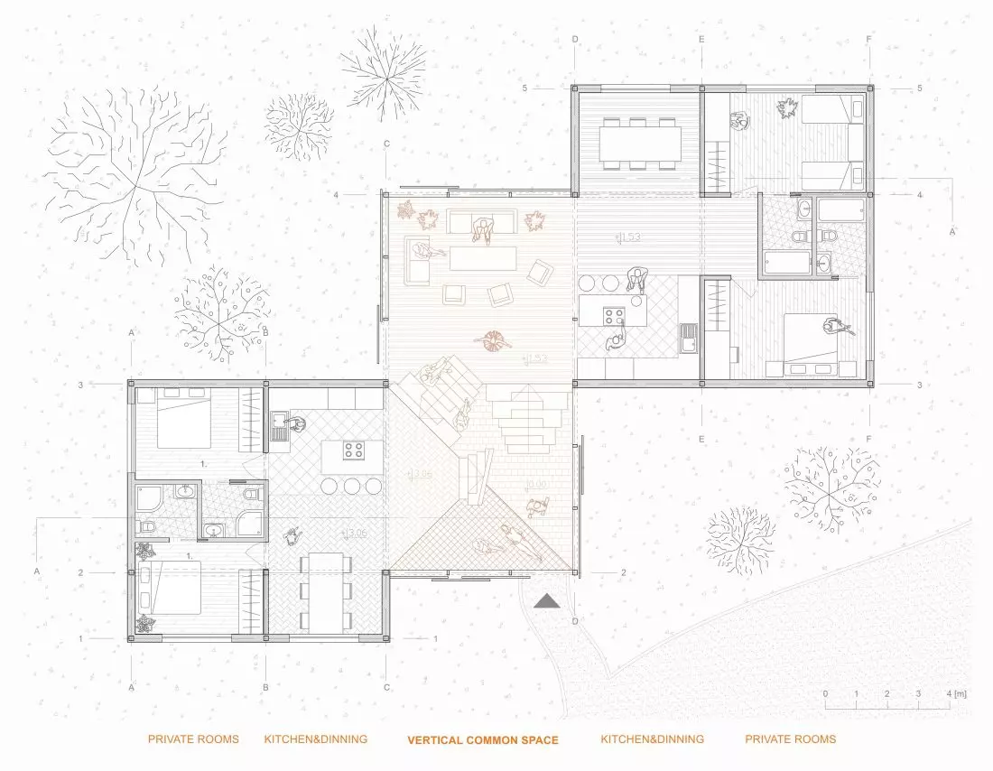 Coliving California,
rzut projektowanego budynku