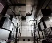 the walls are decorated with steel pixels - cubic blocks on which information on the events of 1980 was placed