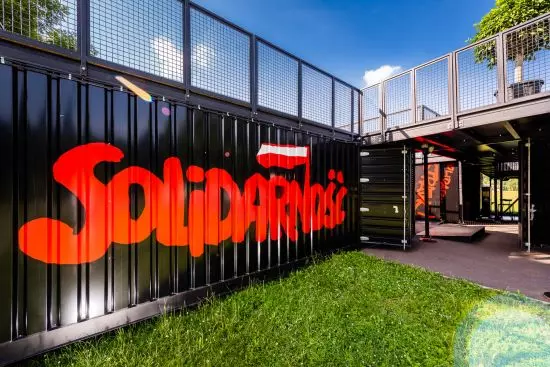 black containers adorn the distinctive Solidarity sign czarne containers adorn the distinctive Solidarity sign