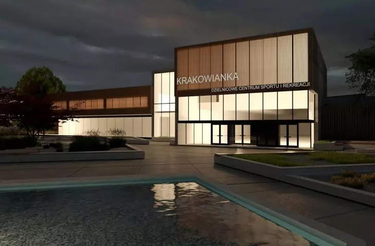Budynek główny Dzielnicowego Centrum Sportu i Rekreacji „Krakowianka” w Krakowie (wizualizacja)