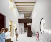 Wnętrze muzeum, wyeksponowana drewniana konstrukcja