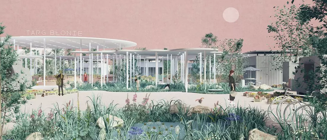 projekt rewitalizacji targu Błonie, proj.: Pracownia Architektoniczna Aleksandra Wasilkowska