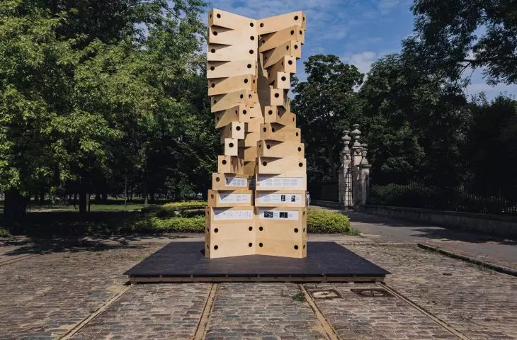 The tower is built with simple plywood benches
