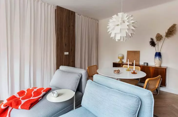 different parts of the apartment are separated by light curtains