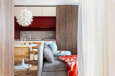 widok from bedroom to living room and kitchen