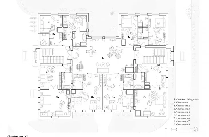 Plan of the school, guest rooms on the first floor