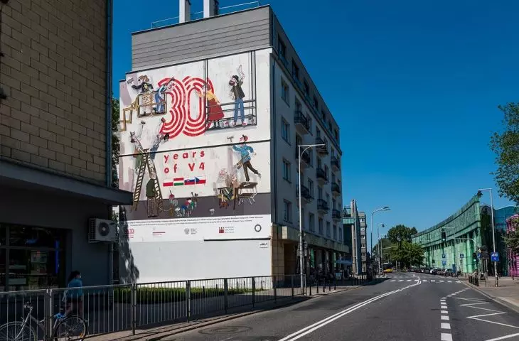 Mural na 30-lecie V4 w Warszawie przy ulicy Dobrej 53