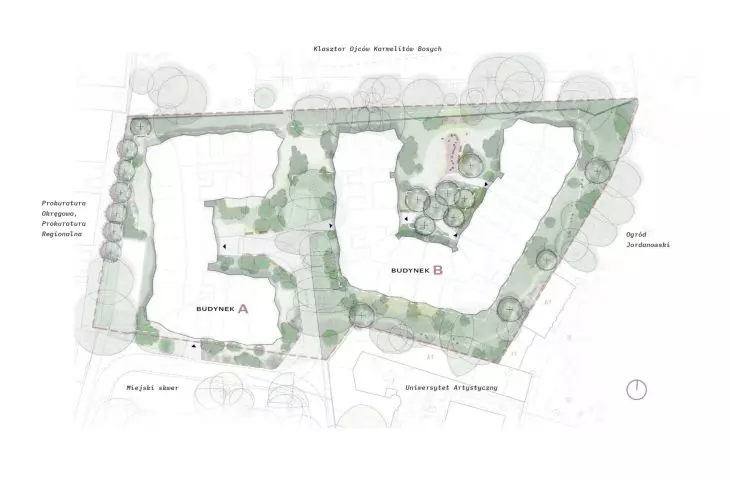 Budynki mieszkalne na wzgórzu św. Wojciecha w Poznaniu, zagospodarowanie terenu (Solna 6)- proj. JEMS Architekci 