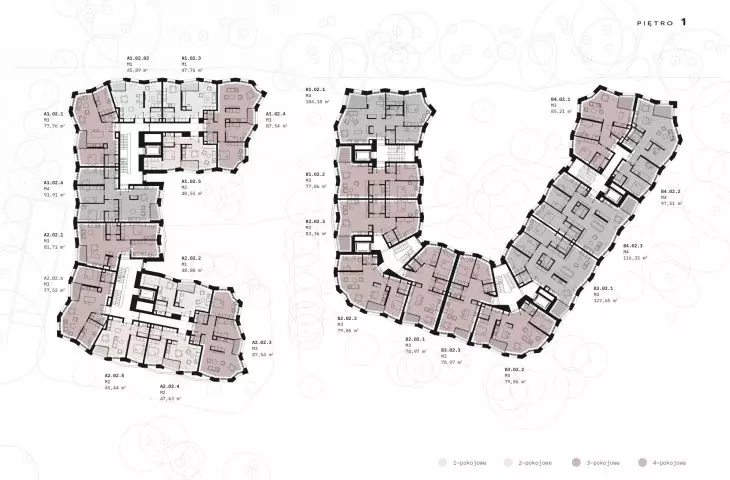 Budynki mieszkalne na wzgórzu św. Wojciecha w Poznaniu (Solna 6), rzut 1 piętra - proj. JEMS Architekci 