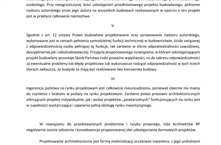 IARP's position on the government's plan to make house designs available for a symbolic zloty