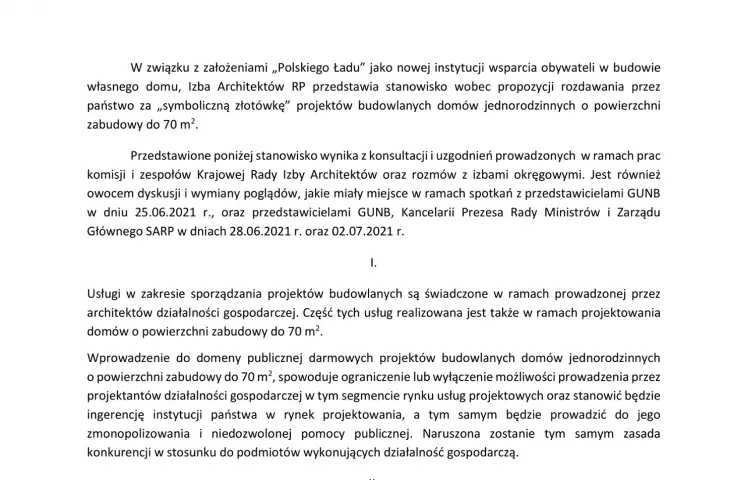 IARP's position on the government's plan to make house designs available for a symbolic zloty