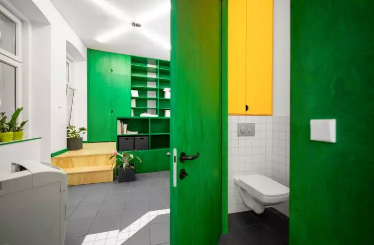 Social part of the office, in the depth of the administrative part placed on an elevation