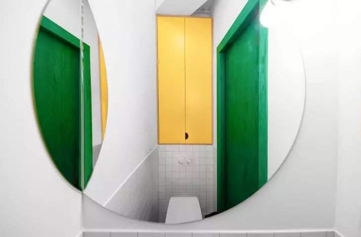 In the toilet, the dominant colors in the interior were repeated