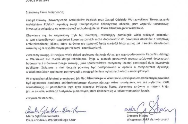 List sprzeciwu SARP do prezydenta Andrzeja Dudy ws. ustawy dot. odbudowy Pałacu Saskiego 
