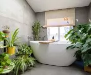 Bathroom with numerous plants