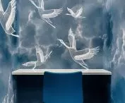 Wallpaper in sky and cranes motif