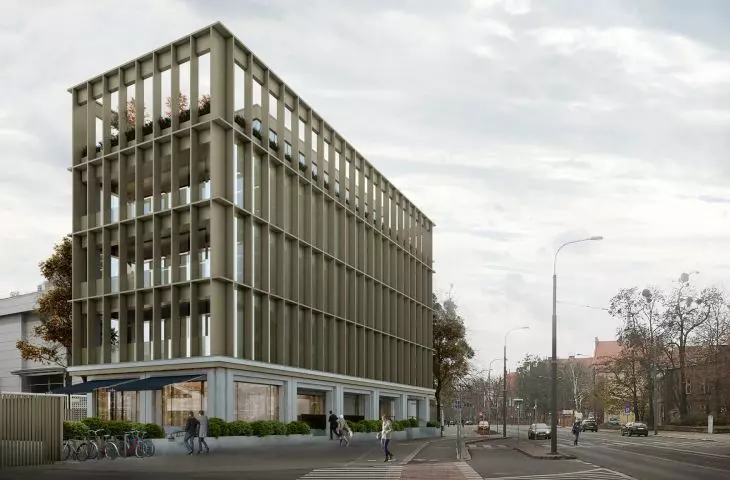 Visualization of the H6 office building on the MTP grounds at Grunwaldzka Street in Poznań, by CDF Architekci.