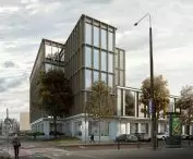 Visualization of an office building on the MTP grounds at Grunwaldzka Street in Poznań, by CDF Architekci.