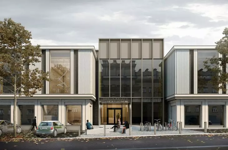 Visualization of the H6 office building on the MTP grounds at Grunwaldzka Street in Poznań, by CDF Architekci.