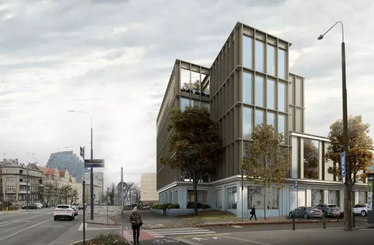 Visualization of the H6 office building on the MTP grounds at Grunwaldzka Street in Poznań, design by CDF Architects.