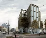 Visualization of the H6 office building on the MTP grounds at Grunwaldzka Street in Poznań, design by CDF Architects.