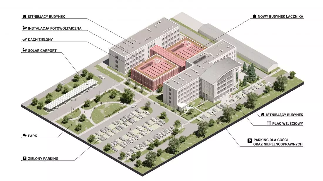 Projekt rozbudowy
i adaptacji uczelni PWSIP w Łomży, aksonometria