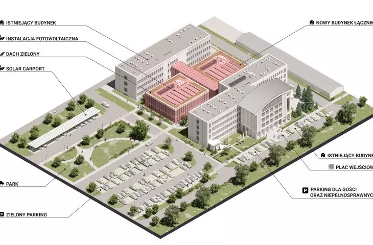 Projekt rozbudowy i adaptacji uczelni PWSIP w Łomży, aksonometria