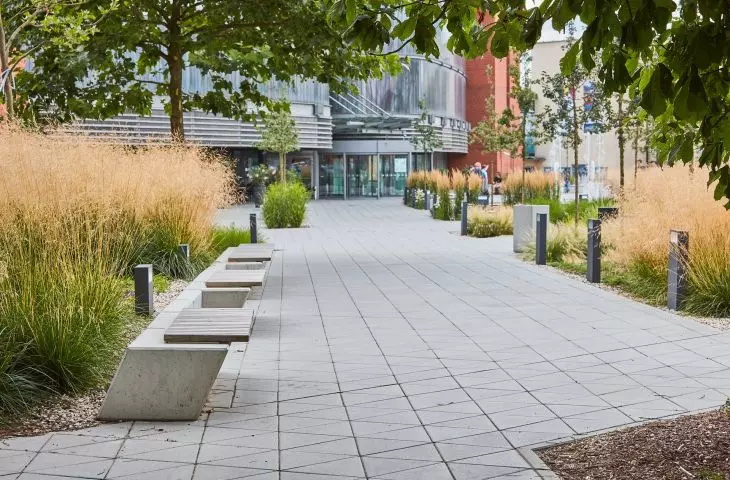 Square in front of Stary Browar in Poznan on Ratajczaka Street after revaluation by 1050 Pracownia Architektury