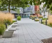 Square in front of Stary Browar in Poznan on Ratajczaka Street after revaluation by 1050 Pracownia Architektury