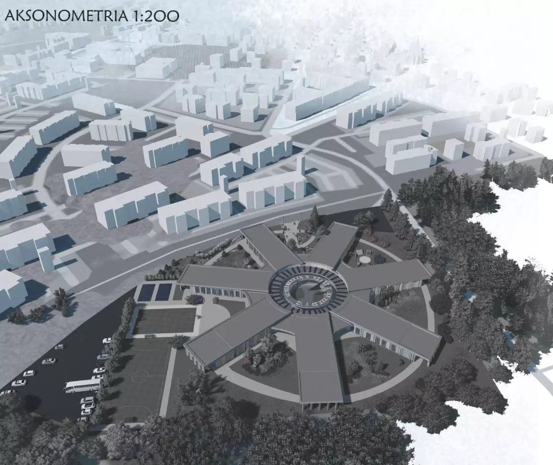 Projekt Sun School,
aksonometria