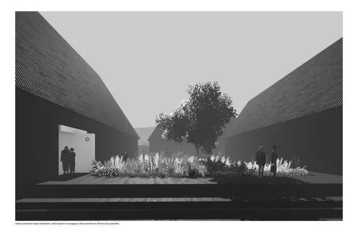 Spaces between buildings, left view of synagogue entrance, center view of Tree of Life