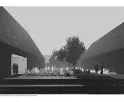 Spaces between buildings, left view of synagogue entrance, center view of Tree of Life