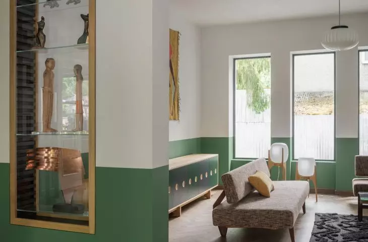 glass display case in the living room wall