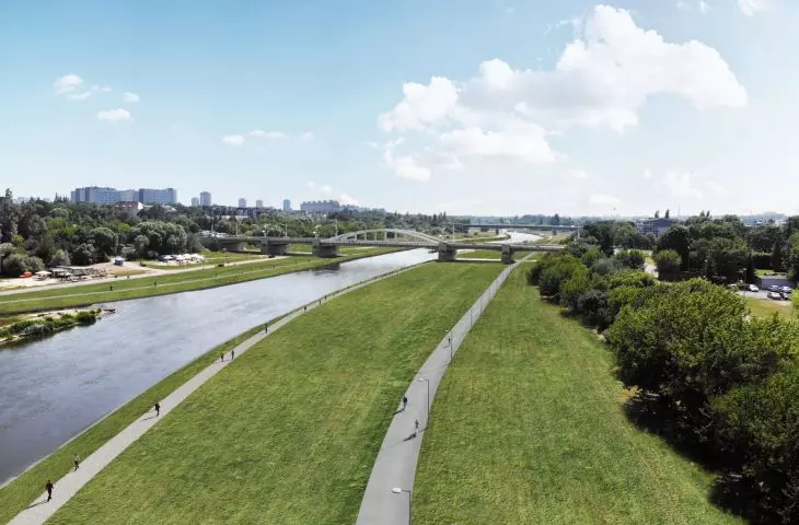 Wizualizacja brzegów Warty po zazieleniu opaski z gabionów.