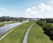 Wizualizacja brzegów Warty po zazieleniu opaski z gabionów.