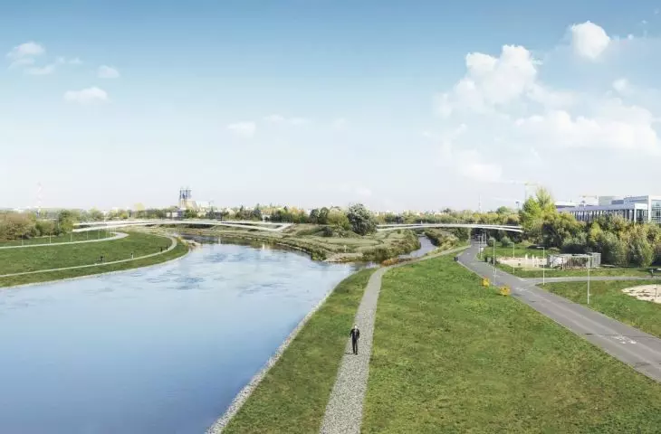 Wizualizacja brzegów Warty po zazieleniu opaski z gabionów. 