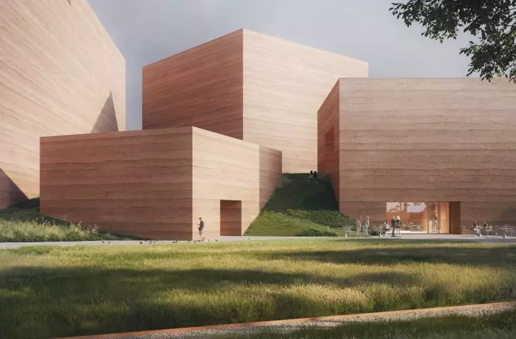 A view of the site's park-like context with an intimate plaza on the southwest side