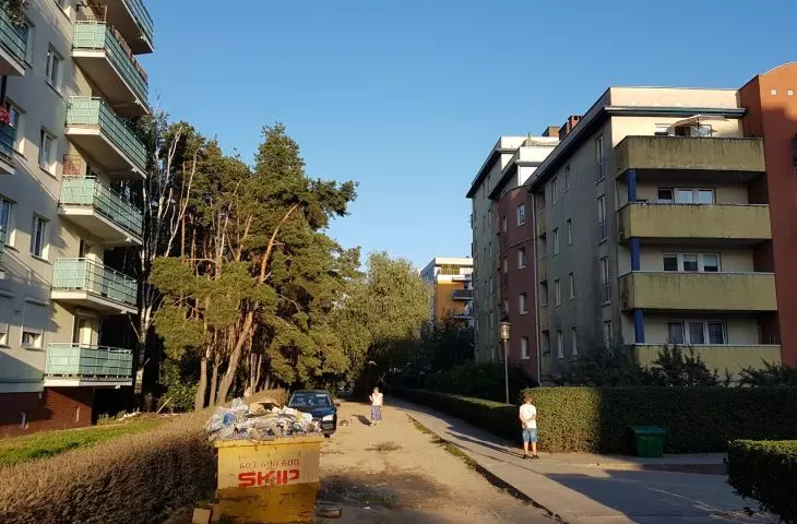 Styk terenów zielonych i zabudowy graniczącej z centrum handlowym przy ul. Opieńskiego