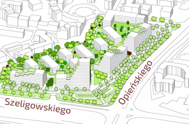 Wizualizacja zabudowy przy ul. Opieńskiego w Poznaniu na terenie po centrum handlowym