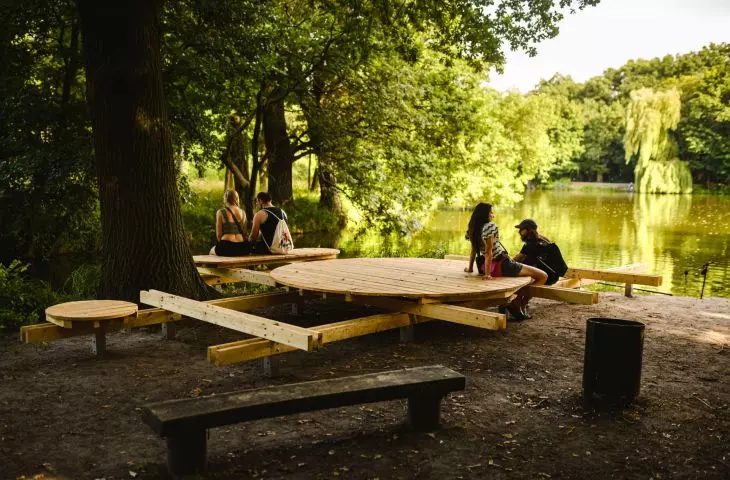 A platform for meditation and nature observation at Borusa Pond, a project by the team of Hugo Kowalski and Nikolai Stępień