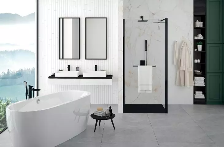 Kabina Walk-In serii Altus IIa z brodzikiem serii Open Structure Mineral i wanną serii Luxo