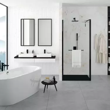 Kabina Walk-In serii Altus IIa z brodzikiem serii Open Structure Mineral i wanną serii Luxo