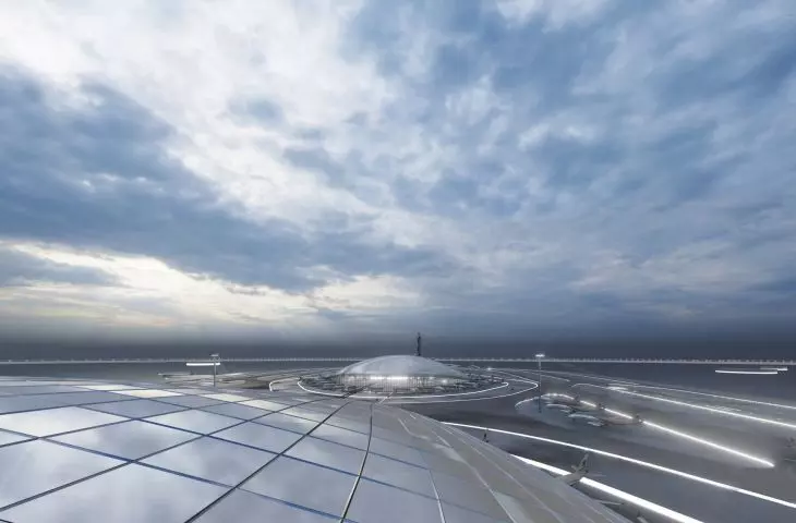 two passenger terminal buildings are planned on the island, connected to each other by communications