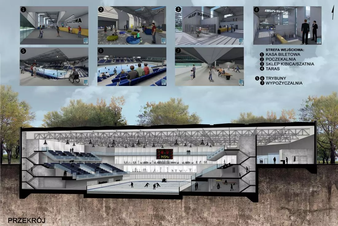 Projekt lodowiska
w Opolu, przekrój i wnętrza